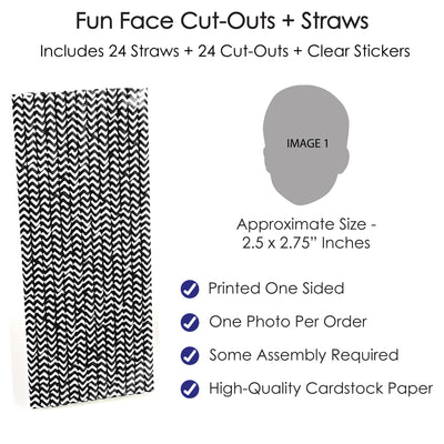 Fun Face Cutout Paper Straw Decor - Custom Photo Head Cut Out Striped Decorative Straws - Upload 1 Photo - Set of 24