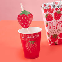 Berry Sweet Strawberry - Paper Straw Decor - Fruit Themed Birthday Party or Baby Shower Striped Decorative Straws - Set of 24