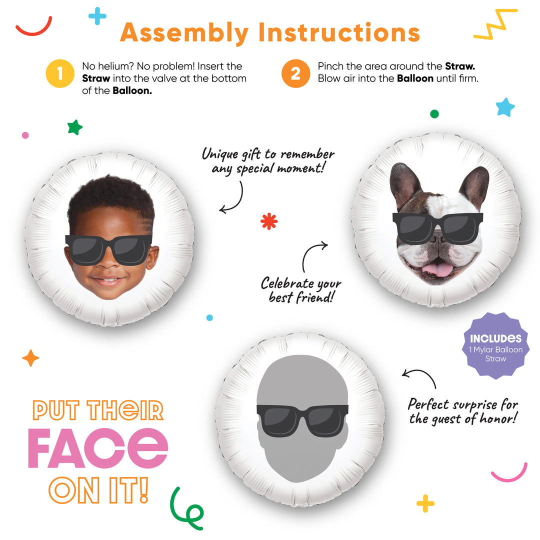Big Dot of Happiness Personalized Sunglasses Fun Face Photo Balloon, Adults & Kids Summer Birthday Party Decorations, Custom Double-Sided Circle Mylar