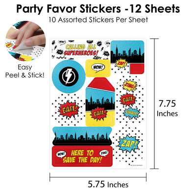 BAM! Superhero - Baby Shower or Birthday Party Favor Sticker Set - 12 Sheets - 120 Stickers