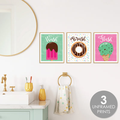 Sweet Shoppe - Unframed Wash, Brush, Flush - Candy and Bakery Bathroom Wall Art - 8 x 10 inches - Set of 3 Prints
