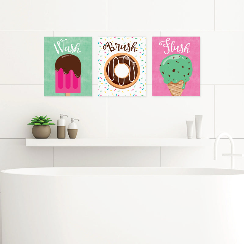 Sweet Shoppe - Unframed Wash, Brush, Flush - Candy and Bakery Bathroom Wall Art - 8 x 10 inches - Set of 3 Prints