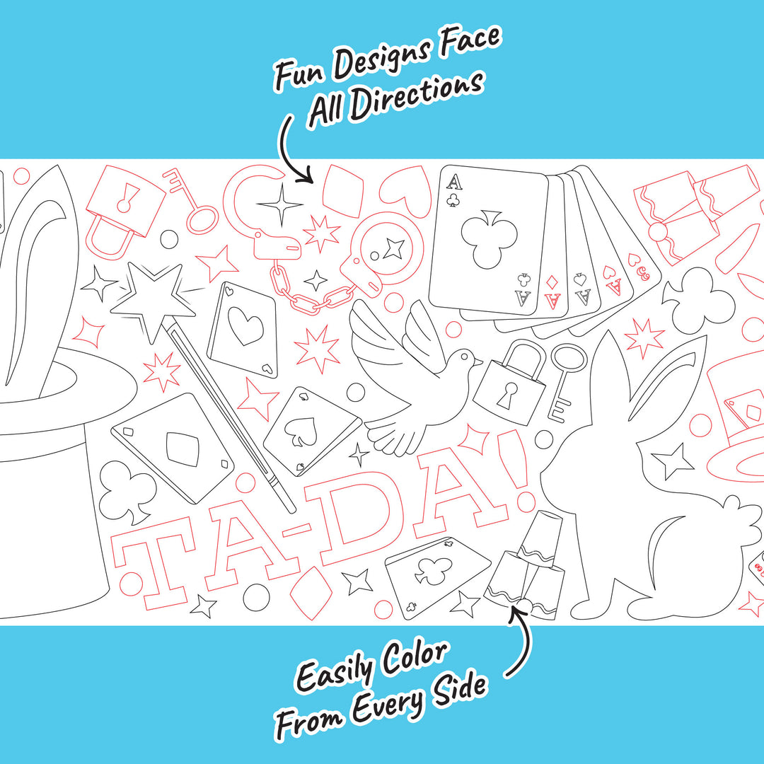 Coloring book page with magic-themed illustrations and text on a blue background