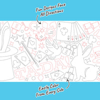 Coloring book page with magic-themed illustrations and text on a blue background