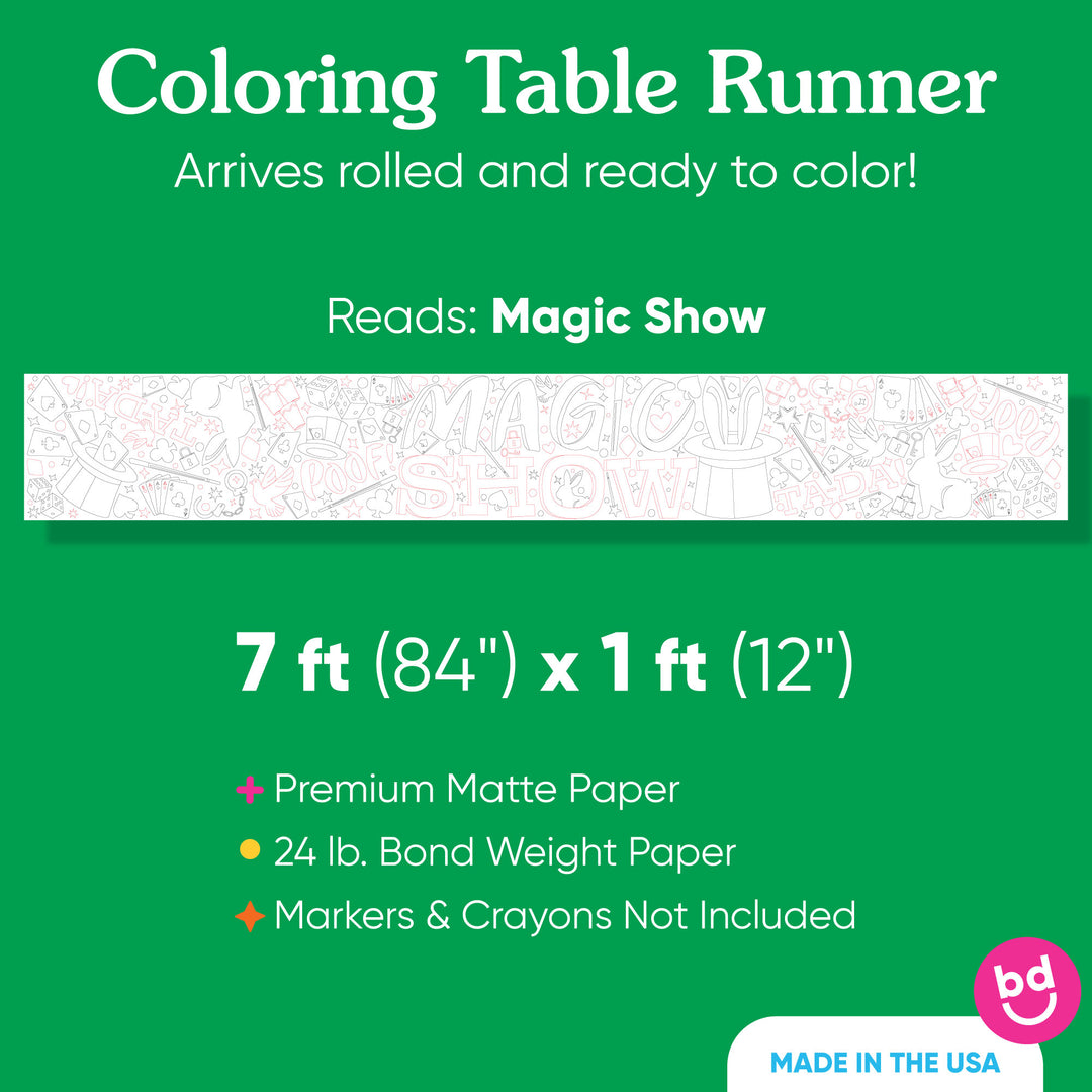 7' Kids magic themed birthday party table with coloring runner dimensions and product info