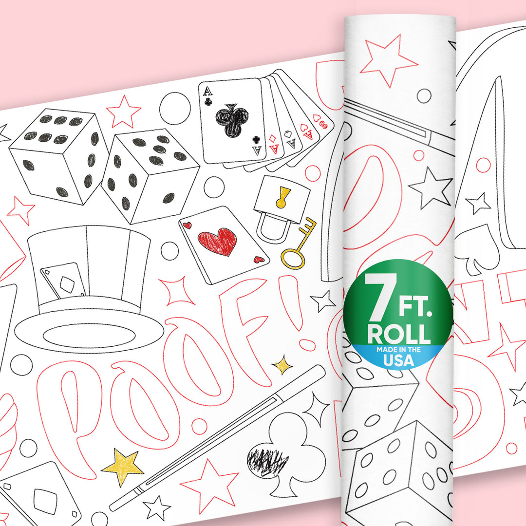 Ta-Da magic show coloring table runner kids party activity on a pink background