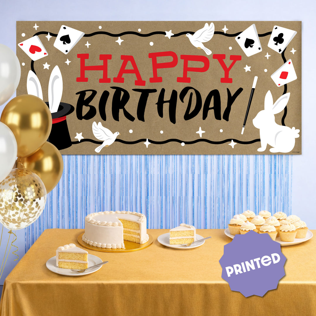 Magician birthday party backdrop with top hat and wand