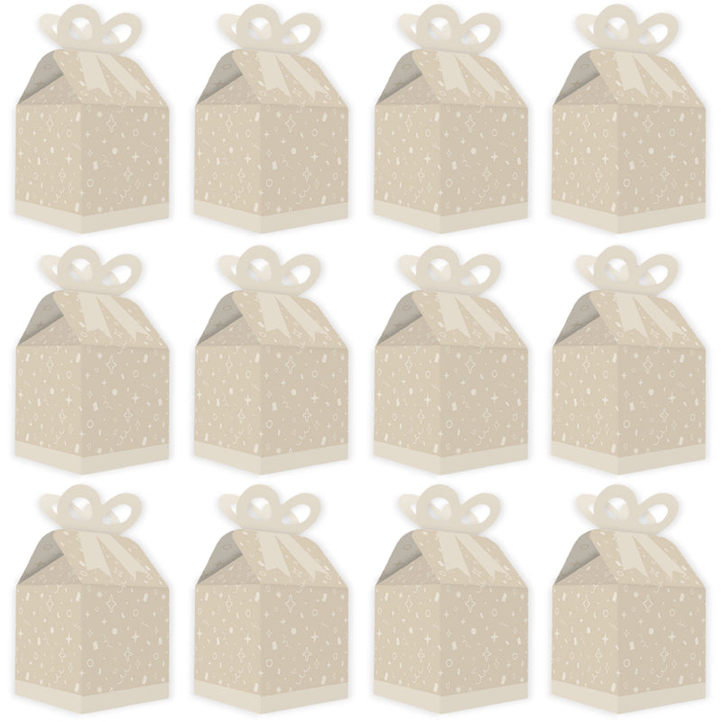 Tan Confetti Stars - Square Favor Gift Boxes - Simple Party Bow Boxes - Set of 12