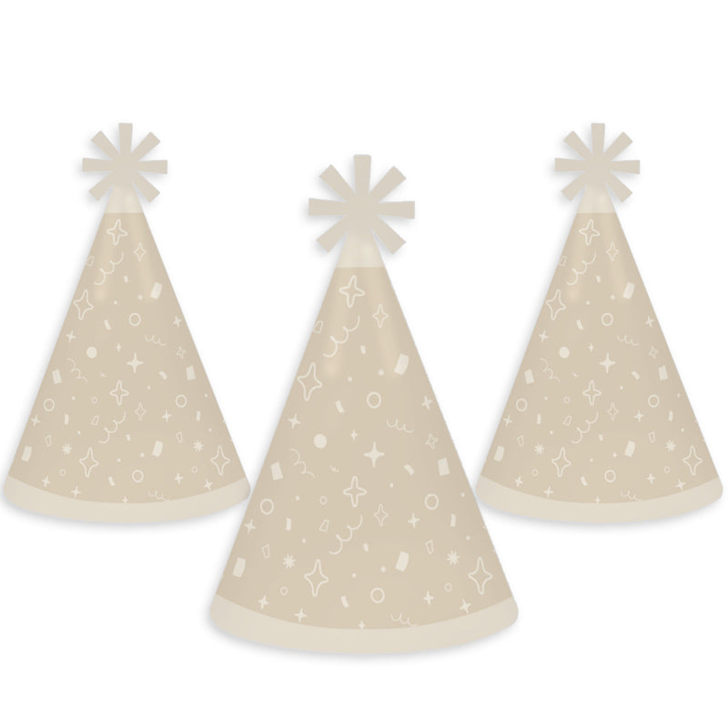 Tan Confetti Stars - Cone Happy Birthday Party Hats for Kids and Adults - Set of 8 (Standard Size)