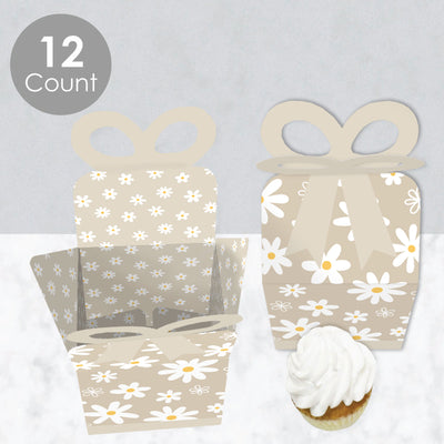 Tan Daisy Flowers - Square Favor Gift Boxes - Floral Party Bow Boxes - Set of 12
