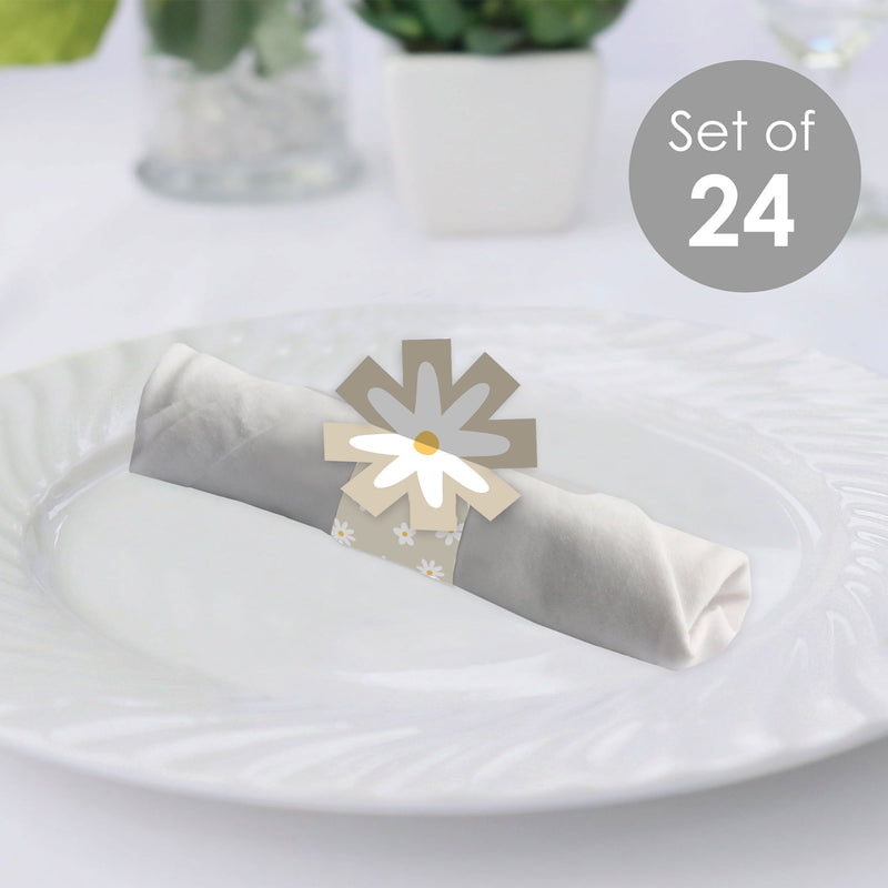 Tan Daisy Flowers - Floral Party Paper Napkin Holder - Napkin Rings - Set of 24