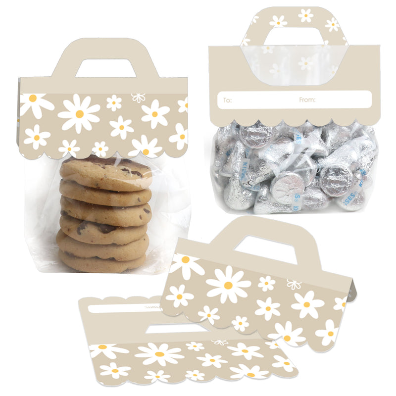 Tan Daisy Flowers - DIY Floral Party Clear Goodie Favor Bag Labels - Candy Bags with Toppers - Set of 24