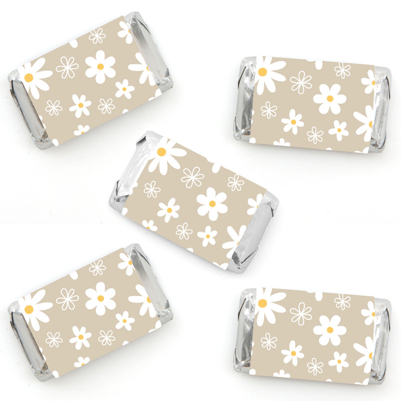 Tan Daisy Flowers - Mini Candy Bar Wrapper Stickers - Floral Party Small Favors - 40 Count