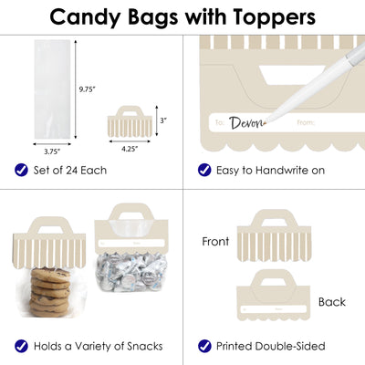 Tan Stripes - DIY Simple Party Clear Goodie Favor Bag Labels - Candy Bags with Toppers - Set of 24