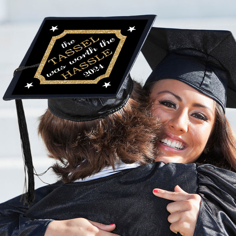Tassel Worth The Hassle - Gold - 2024 Graduation Cap Decorations Kit - Grad Cap Cover