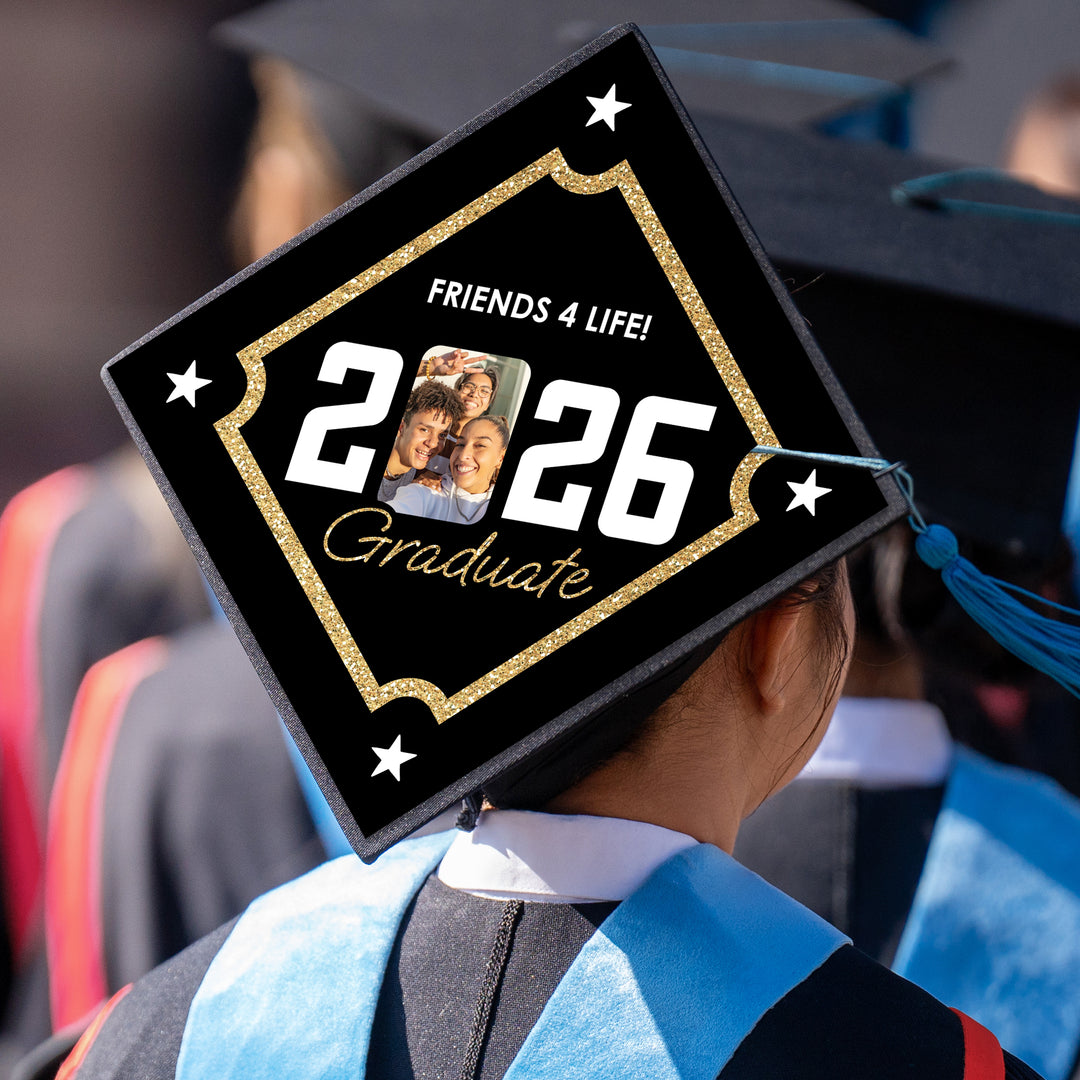 Styled graduation cap with gold tassel personalized topper