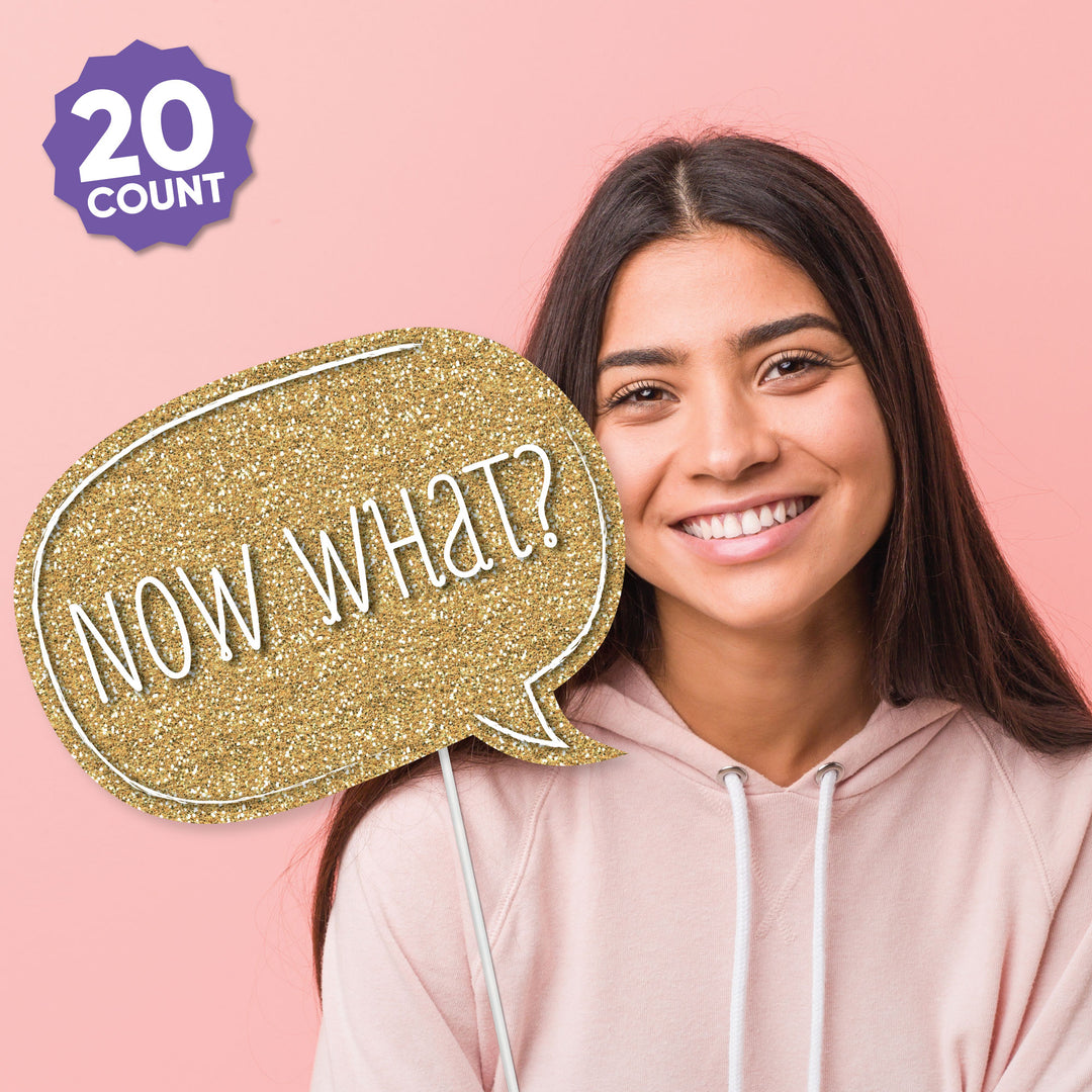 Woman holding a gold speech bubble with 'NOW WHAT?' text against a pink background