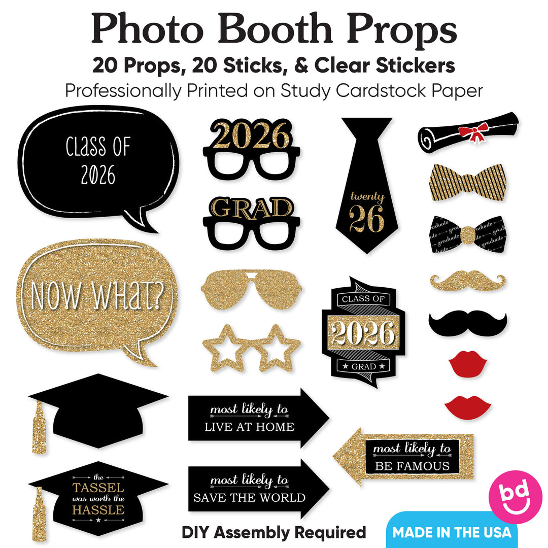Graduation Party - Gold - 2026 Graduation Party Photo Booth Props Kit - 20 Count