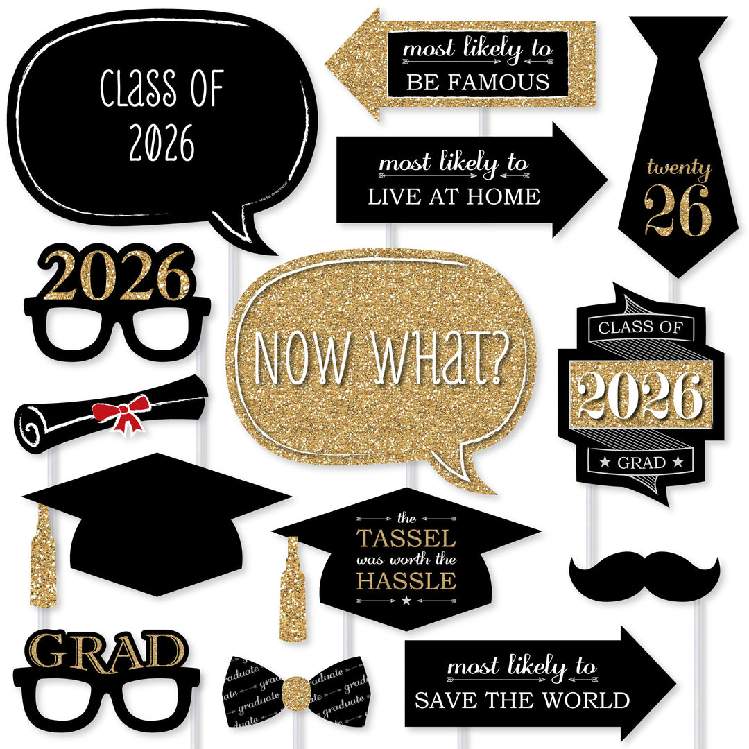 Graduation-themed photo booth props with text and graphics for Class of 2026.
