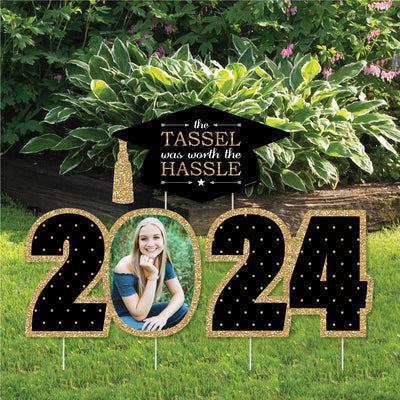 Tassel Worth The Hassle - Gold - Custom 2024 Graduation Party Decorations - Stackable Photo Yard Sign - 3 Pc