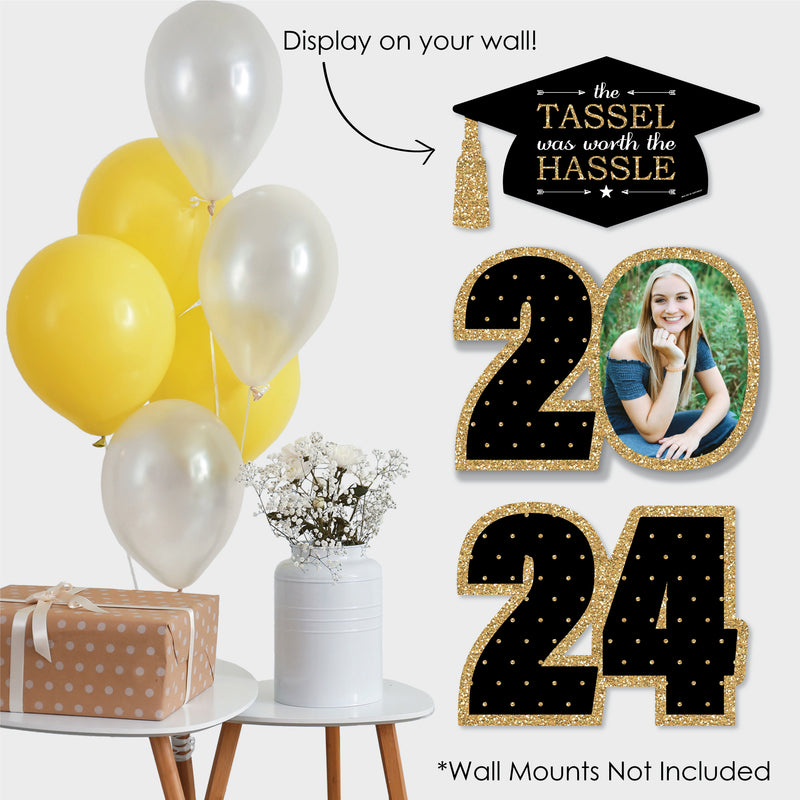 Tassel Worth The Hassle - Gold - Custom 2024 Graduation Party Decorations - Stackable Photo Yard Sign - 3 Pc
