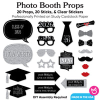 Graduation Party - Silver - 2026 Graduation Party Photo Booth Props Kit - 20 Count