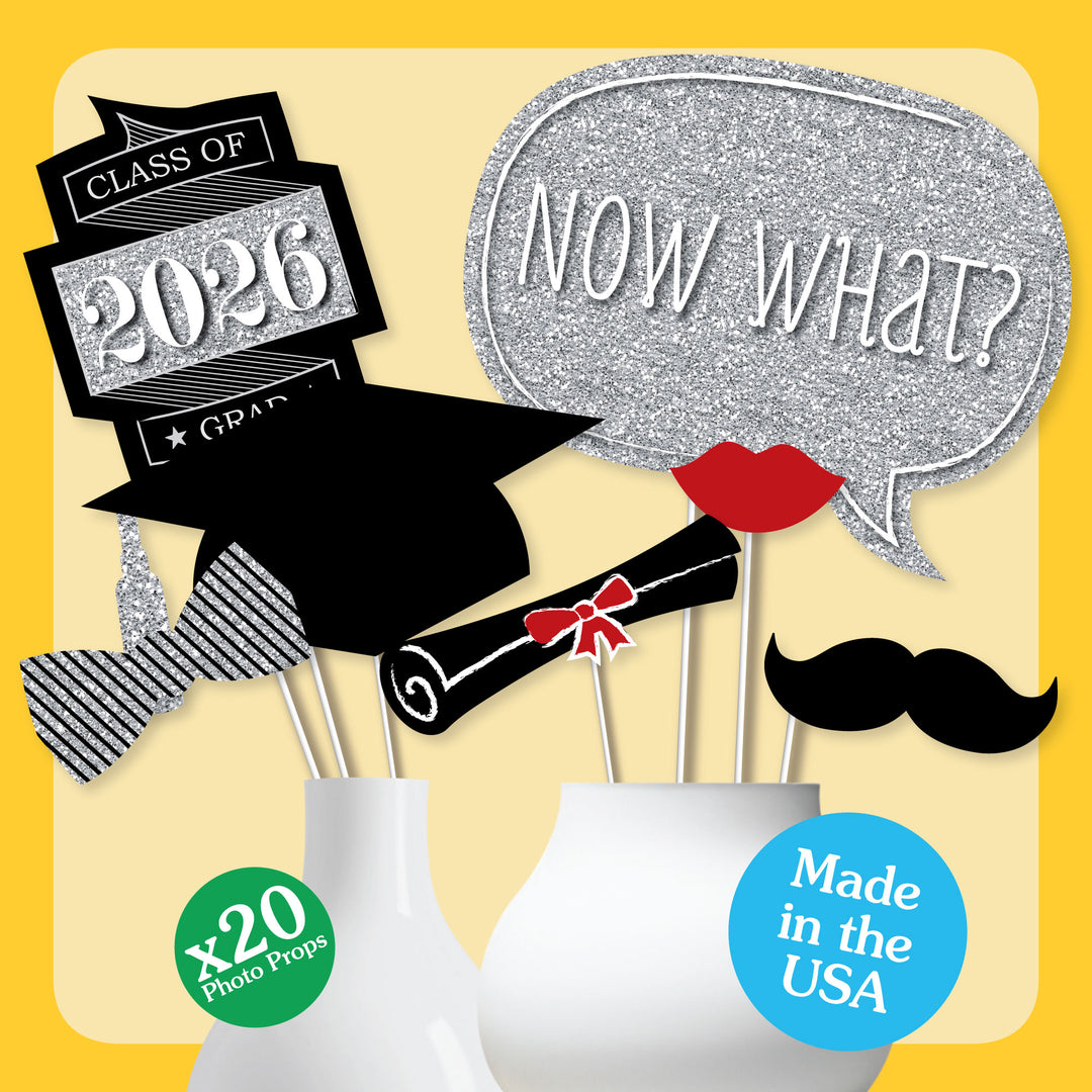 Graduation Party - Silver - 2026 Graduation Party Photo Booth Props Kit - 20 Count