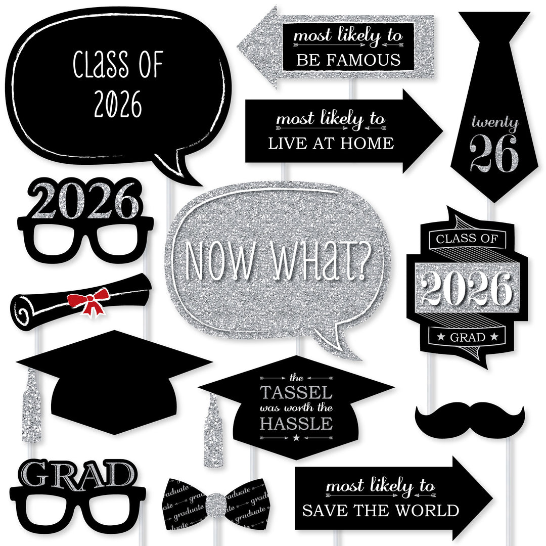 Graduation Party - Silver - 2026 Graduation Party Photo Booth Props Kit - 20 Count