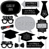 Graduation Party - Silver - 2026 Graduation Party Photo Booth Props Kit - 20 Count