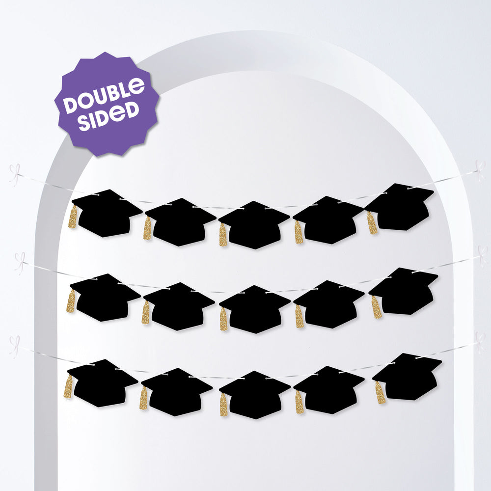 Black Grad Cap Garland Banner - 15 Pc
