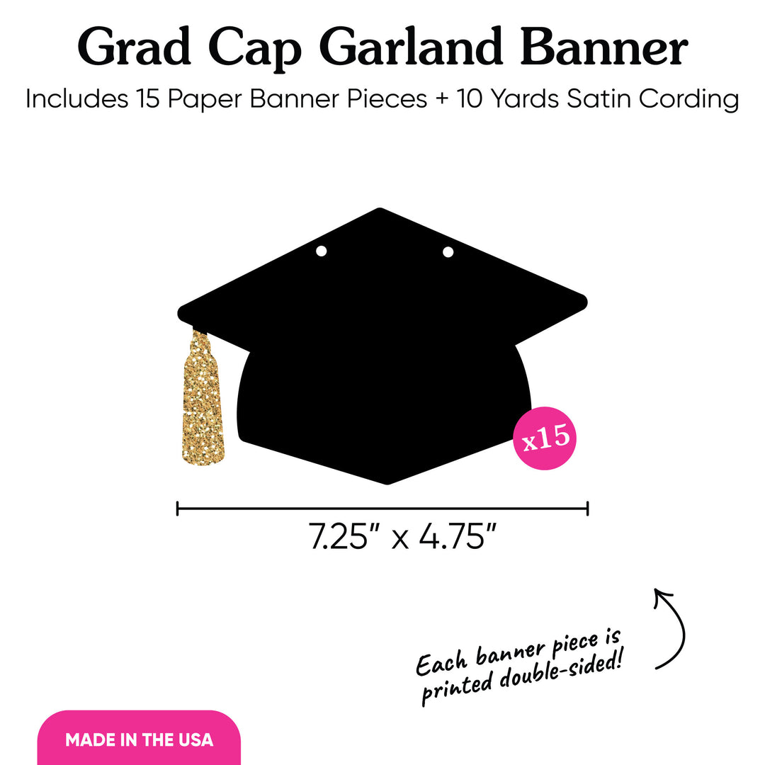 Black Grad Cap Garland Banner - 15 Pc