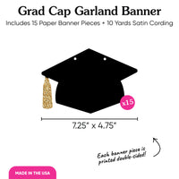 Black Grad Cap Garland Banner - 15 Pc