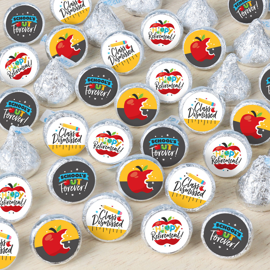 An array of round candy stickers with various designs, including apples, graduation caps, and text, printed in vibrant colors on a white background, perfect for a bag filler for teacher retirement.