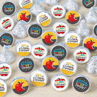 An array of round candy stickers with various designs, including apples, graduation caps, and text, printed in vibrant colors on a white background, perfect for a bag filler for teacher retirement.