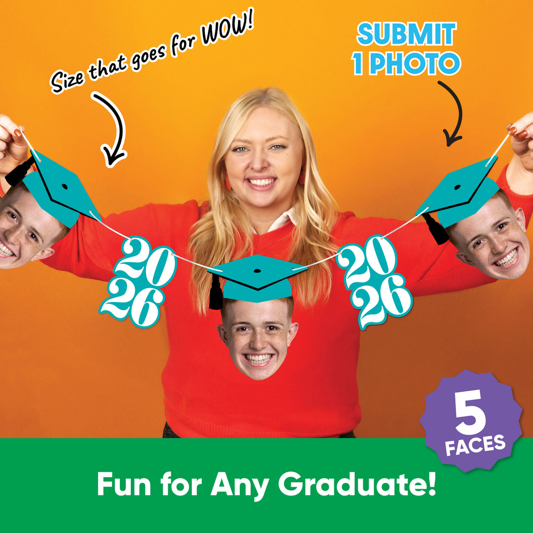Five personalized graduation face cutouts with teal numbers