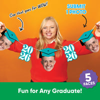 Five personalized graduation face cutouts with teal numbers