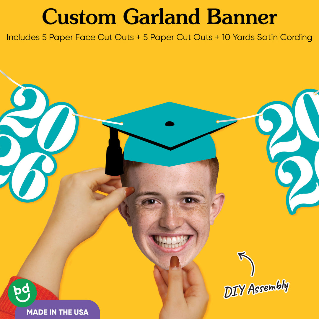 Graduation face cutout with cap and teal Class of 2026