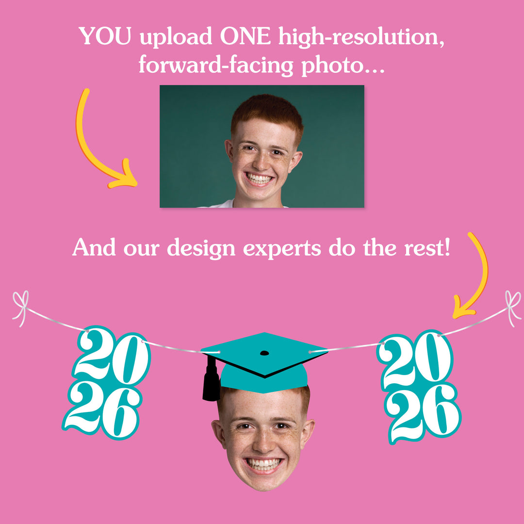 Promotional graphic for a photo customization service with a person's face and graduation-themed design on a pink background.