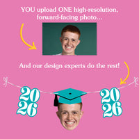 Promotional graphic for a photo customization service with a person's face and graduation-themed design on a pink background.