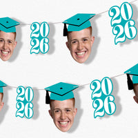 Teal graduation fun face garland banner with photo faces
