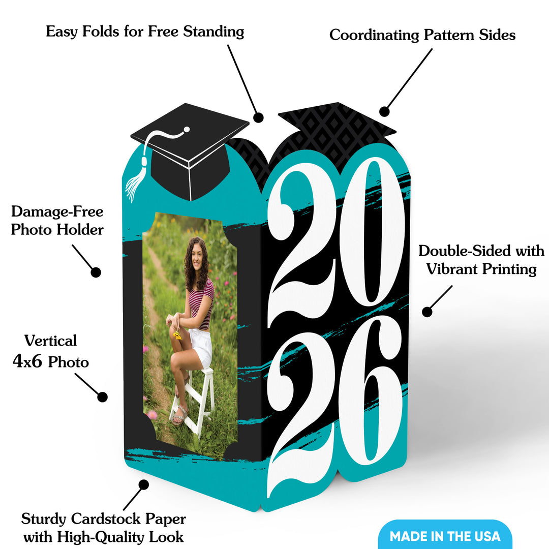 Graduation-themed photo frame with text highlighting features on a white background