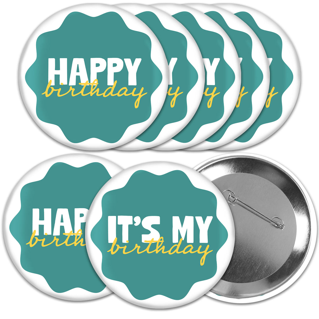 Teal and yellow wavy birthday buttons set main image