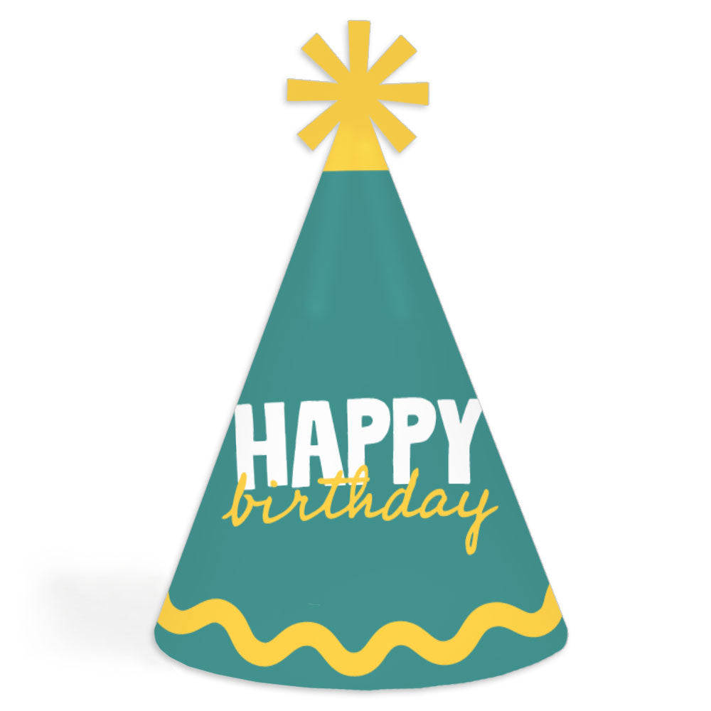 Teal and yellow cone hats main image