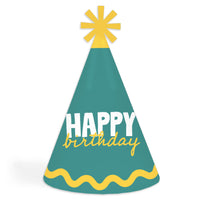 Teal and yellow cone hats main image