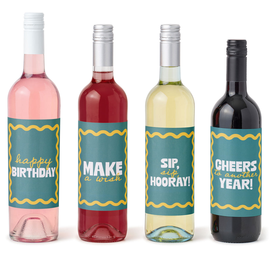 Teal and yellow wine bottle labels main image