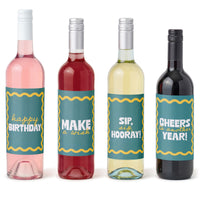 Teal and yellow wine bottle labels main image