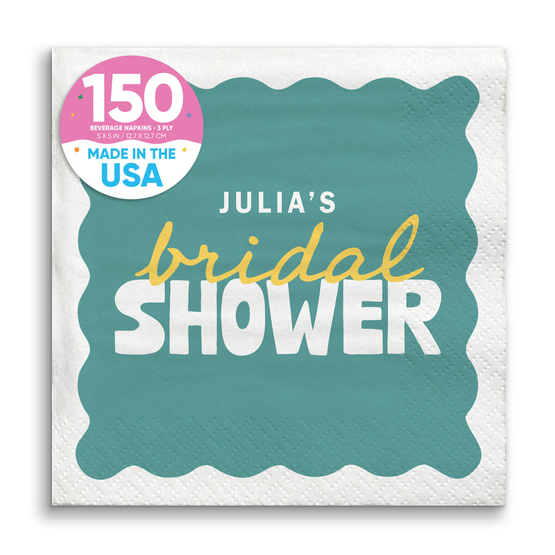 Teal Green and Yellow Custom bridal shower beverage napkins 150 Count