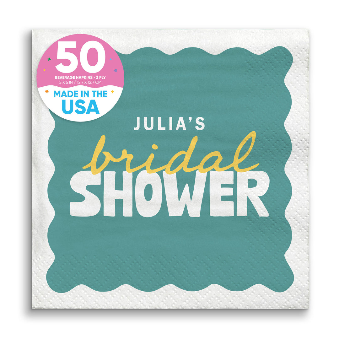 Teal Green and Yellow Custom bridal shower beverage napkins 50 Count