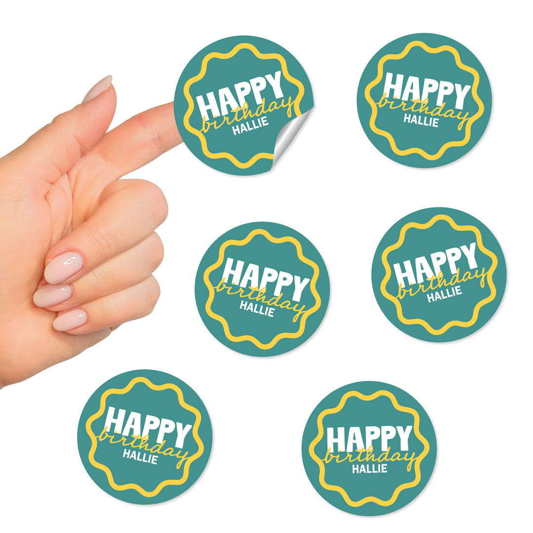 Custom Text Round Stickers - Wavy Birthday - 24 Ct