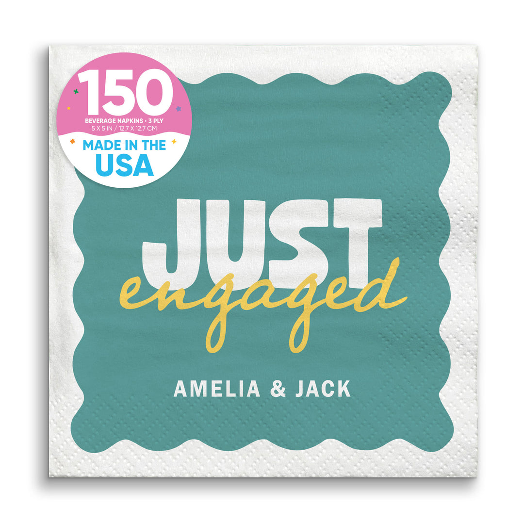 Teal green and Yellow Custom engagement party beverage napkins 150 Count